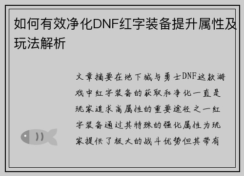 如何有效净化DNF红字装备提升属性及玩法解析