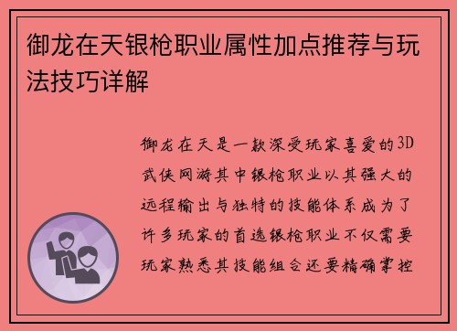 御龙在天银枪职业属性加点推荐与玩法技巧详解